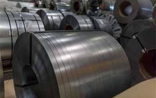 Finished slit steel coils that have been rewound and are preparing for shipment