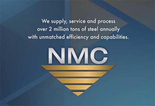 National Material Company’s official logo gold inverted triangle logo with words “We supply, service, and process over 2 million tons of steel annually with unmatched efficiency and capabilities” over an artistic blue background.