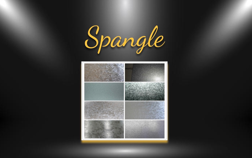 A stage-style backdrop with spotlights shining towards a graphic illustration of 8 different galvanized steel textures – smooth, glossy, mosaic, crystalline, and brushed – with the words “Spangle” above the illustration. 