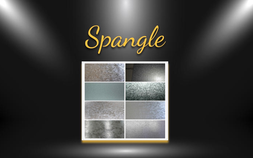 A stage-style backdrop with spotlights shining towards a graphic illustration of 8 different galvanized steel textures – smooth, glossy, mosaic, crystalline, and brushed – with the words “Spangle” above the illustration.

