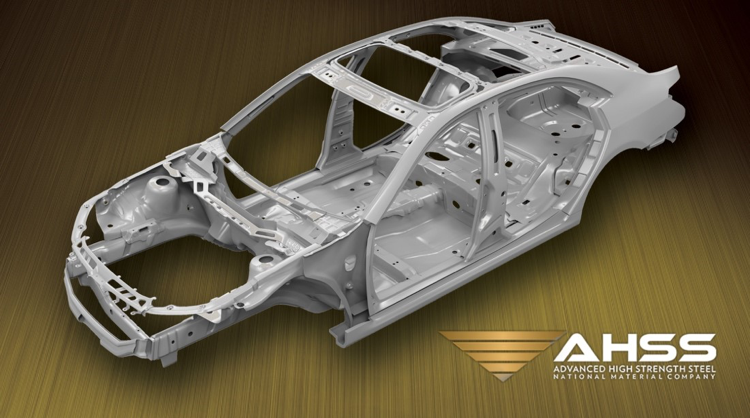 Steel car frame 3D rendering with the words “AHSS Advanced High Strength Steel National Material Company”