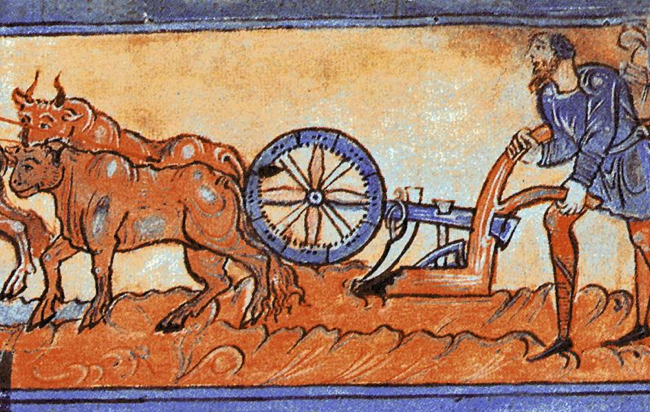 A painting of oxen pulling a blue and brown plow across brown dirt; a bearded man in a blue tunic and brown pants follows behind, with both hands on the plow.