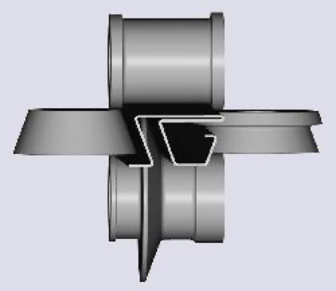 A rendered image of four grey rollers placed in a cross-pattern forming a metal profile that resembles a capital, backwards “Z” and “G” joined together at the top.