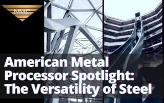 Two examples of modern steel buildings with elaborate and unusual shapes. The inverted gold triangle logo for NMC is at the top left corner and the title of the blog is in white bold font on top of the images.