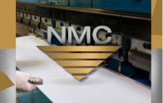 Representation of metal stamping process with the official National Material Company inverted gold triangle logo
