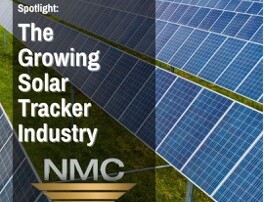 A green field filled with rows upon rows of solar trackers. On the left is a vertically aligned translucent black rectangular banner with the NMC logo at the bottom and the blog title, “Solar Tracker Manufacturer Spotlight: The Growing Solar Tracker Industry”, written in white font.