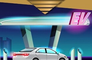 A white electric vehicle parked at a charging station during the night with the abbreviation ‘EV’ outlined in neon lights at the roof part of the station – with National Material Company’s official logo at the top of the image.
