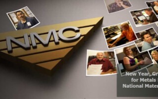 The gold inverted triangle logo of National Material Company is on the left and photos of the people behind the company are scattered around it, mainly compiled at the right center above the words of the blog title.