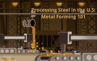 A graphic of a steel processing plant with several pieces of equipment involved in metal forming. The color scheme is dark and metallic, and the text reads "Processing Steel in the U.S.: Metal Forming 101". Additionally, a logo at the bottom left says "NMC."
