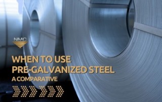 Close-up of pre-galvanized steel coils with text “When to Use Pre-Galvanized Steel: A Comparative” and a right directional arrow graphic overlaying the image under the text.