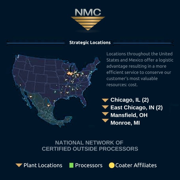 NMC Strategic Locations in the US and Mexico The graphic displays a map of the United States, marked with symbols representing various strategic locations related to NMC. The legend keys include the NMC golden triangle for plant locations, green squares for processors, and gold circles for coater affiliates. The map underscores the company’s logistical advantage across the nation, with specific cities like Chicago, IL, and East Chicago, IN, highlighted, emphasizing the company’s commitment to efficient service and customer cost conservation.