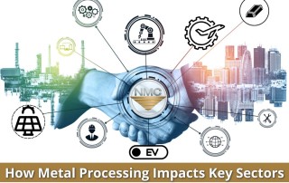 An infographic showcases the significance of metal processing across key sectors, highlighting industries such as automotive, construction, renewable energy, and technology interconnected through metallic elements. In the center are two hands shaking and the NMC logo.