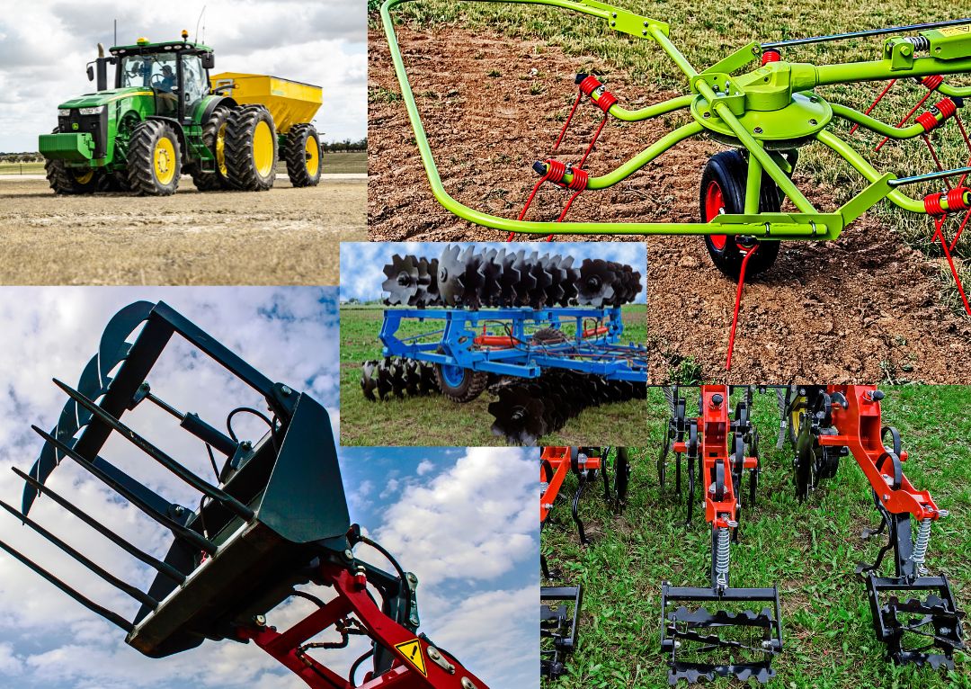 NMC_agriculture collage A collage showcasing various agricultural equipment essential in metal processing. It features a green tractor with a yellow trailer, a light green and red hay rake, a blue disc harrow, a black grapple bucket, and red cultivators.