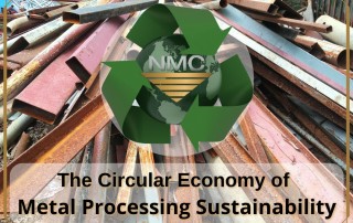 A logo displaying a recycling symbol encircling the letters “NMC,” paired with a globe at its center. It emphasizes the theme of sustainability in metal processing with accompanying text, “The Circular Economy of Metal Processing Sustainability,” at the bottom. This is all placed on top of an image of scrap metal.