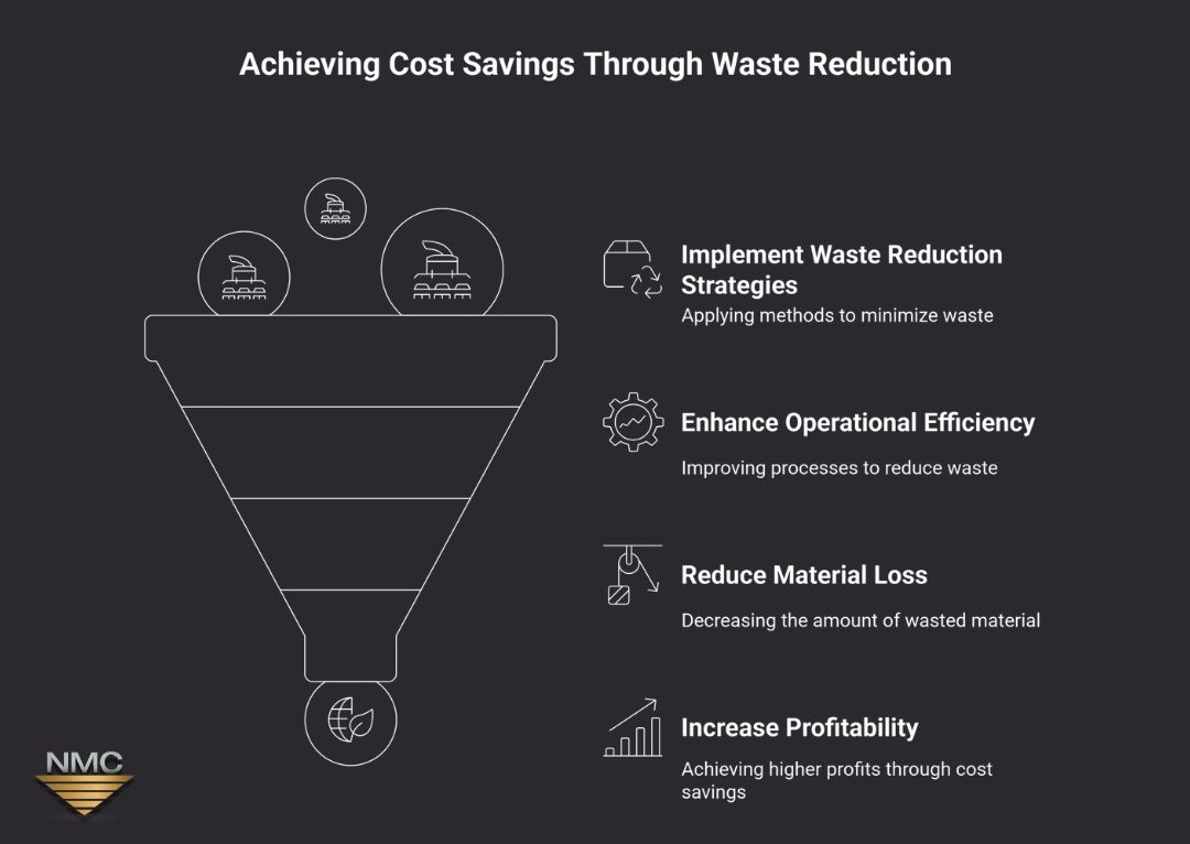 nmc-2025-10-blog-img1-cost-savings-chart An illustration features a four-stage funnel outlining how precision slitting and waste reduction contribute to increased profitability. Each stage highlights operational improvements, with the NMC logo bottom left.