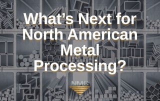 A structured grid of metal profiles, such as square, rectangular, and circular tubes, visually anchors the theme of North American metal processing. The NMC logo, featuring stylized gold and silver elements, reinforces the branding and industrial focus.