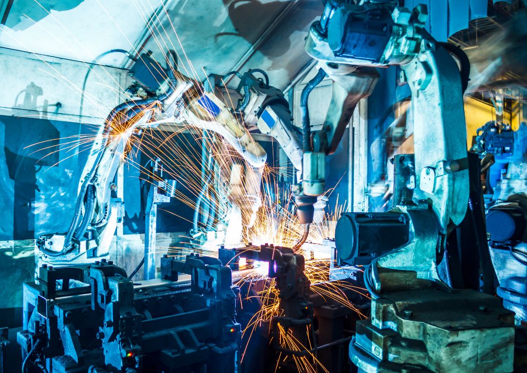A factory setting with robotic arms actively welding highlighting automation in North American metal processing. The presence of sparks and industrial equipment emphasizes advanced manufacturing techniques.