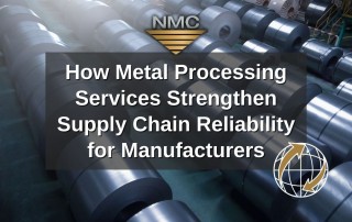 A large industrial facility is shown with rows of rolled metal coils organized across the floor, stressing scale and order. The text overlay emphasizes metal processing services and their role in strengthening supply chain reliability for manufacturers.