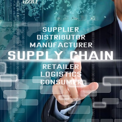 Floating rectangles and words listed from top to bottom superimposed over a man in a suit, selecting with his index finger: supplier, distributor, manufacturer, supply chain, retailer, logistics, consumer. Supply chain is larger than the other words.