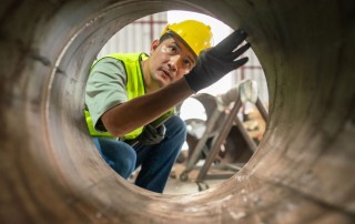 A metals processing technician carefully inspecting the interior of a steel coil.