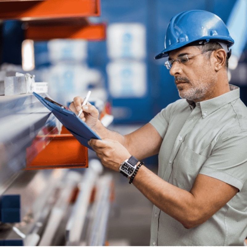 nmc-2026-03-quality-control-inspector A quality control inspector in safety gear examines metal bars noting on a clipboard in an industrial setting.