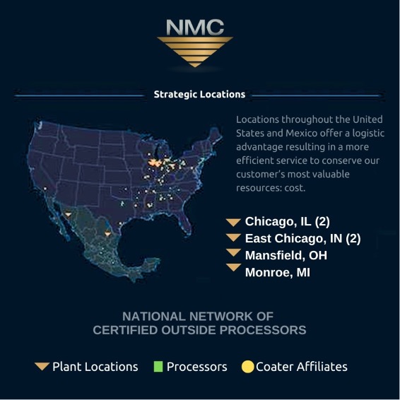 Map showing the strategic network of NMC metal service centers and certified processors across the U.S. and Mexico, illustrating logistical advantages for industrial supply chains.