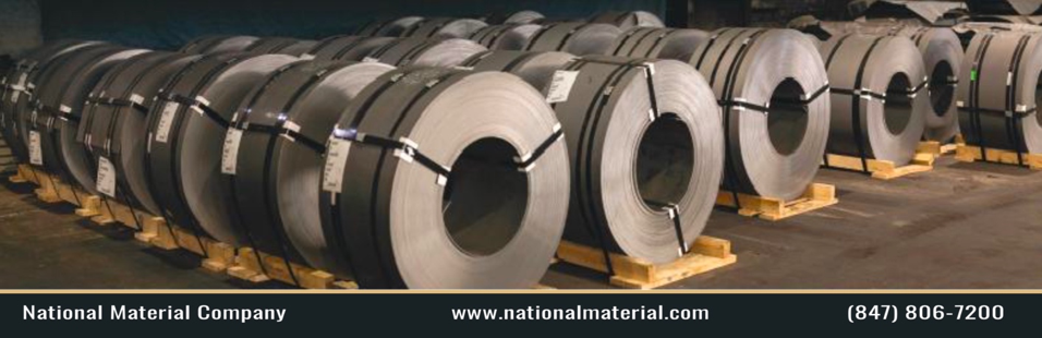 NMC-2026-05-banner Steel coils stacked on wooden pallets inside a warehouse, showing industrial-scale precision metal processing for OEMs with National Material Company contact info.