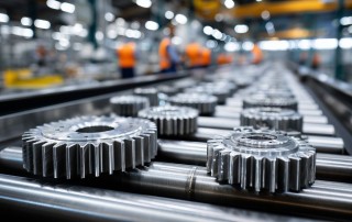 Automotive gear spare parts on an assembly line, representing the type of high quality aluminum processing demanded by automotive OEMS.