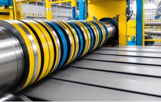 An industrial machine used for slitting steel coils at a metal processing plant.