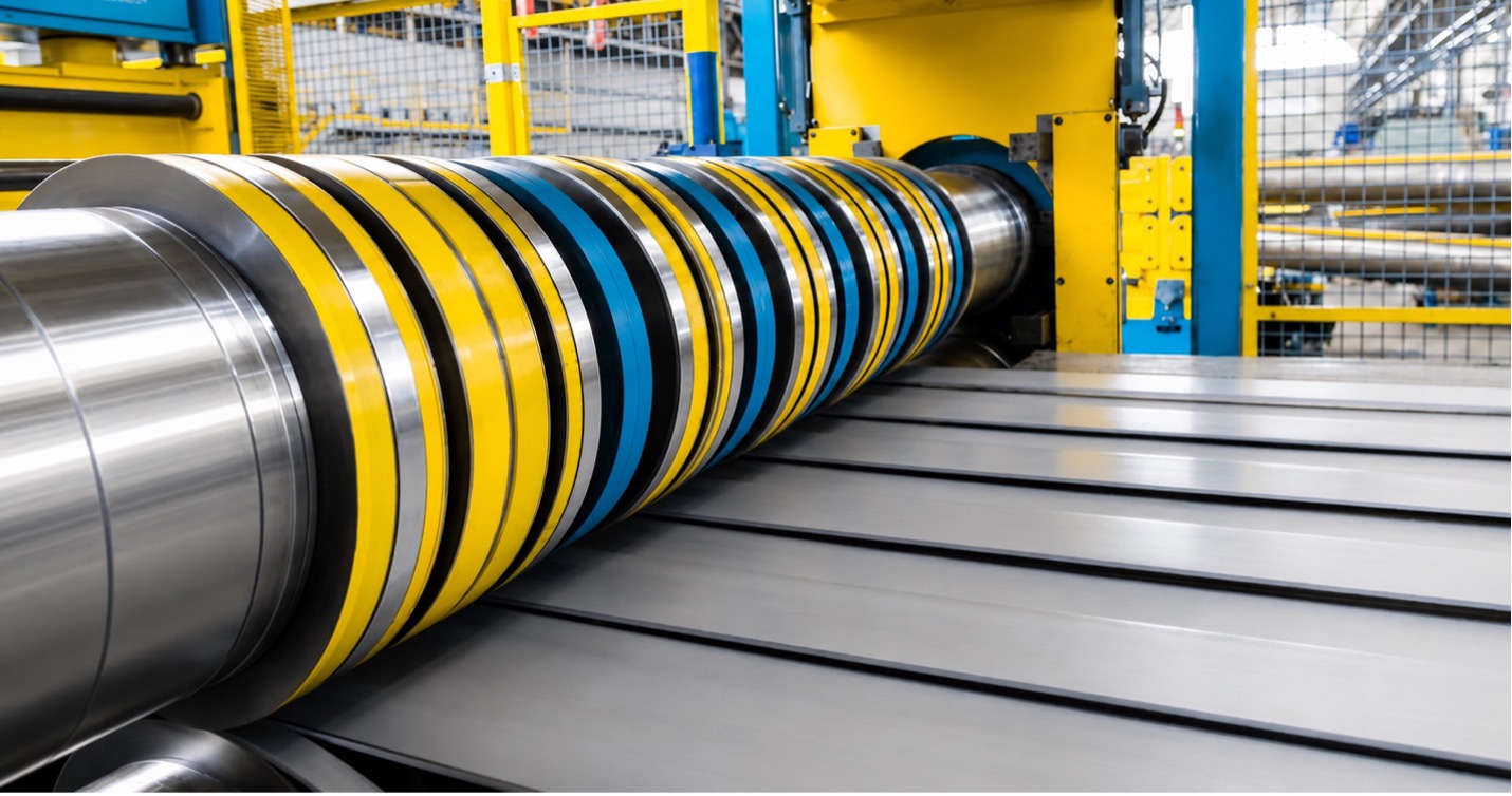 An industrial machine used for slitting steel coils at a metal processing plant.