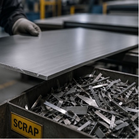 NMC-2026-07-scrap-metal A metal quality expert inspecting a sheet of processed metal with a collection tub set aside for costly scrap.