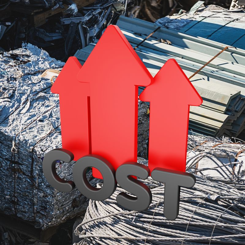 A graphic of an increased cost symbol overlaying a pile of metal scrap, representing the connection between scrap rates and improperly processed material.