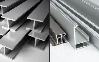 Two side-by-side close-up shots, with steel beams on the left half and aluminum beams on the right.